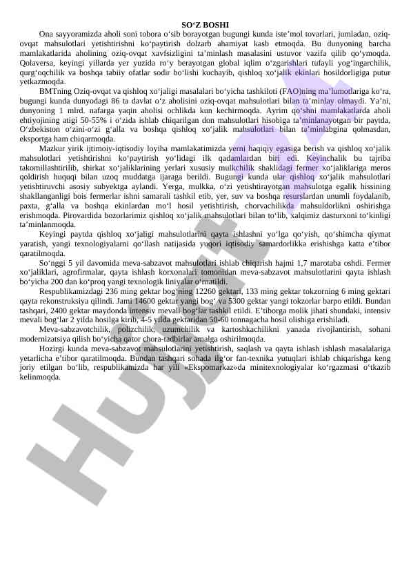 Oziq-ovqat xavfsizligi va qishloq xo'jaligi asoslari