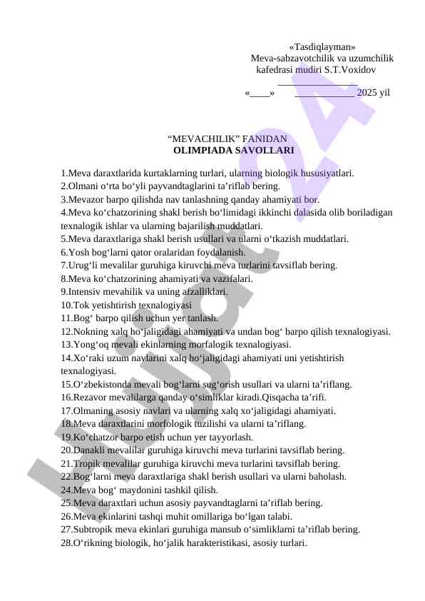 Mevachilik fanidan olimpiada savollari 2025 yil