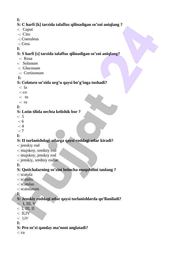 Lotin tili bo'yicha test savollari