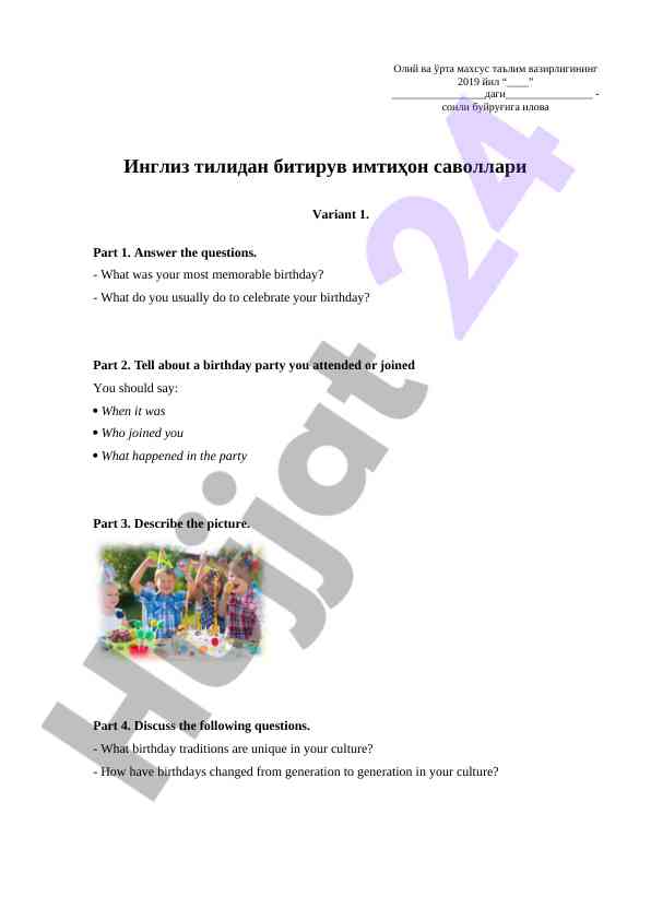 Ingliz tilidan bitiruv imtiҳon savollari variant 1