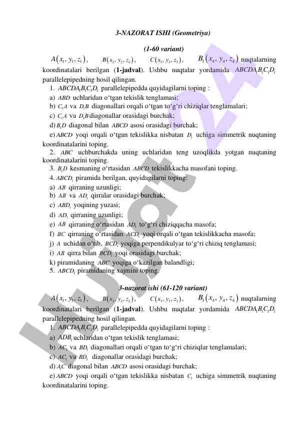 Geometriya bo'yicha nazorat ishida topishlar