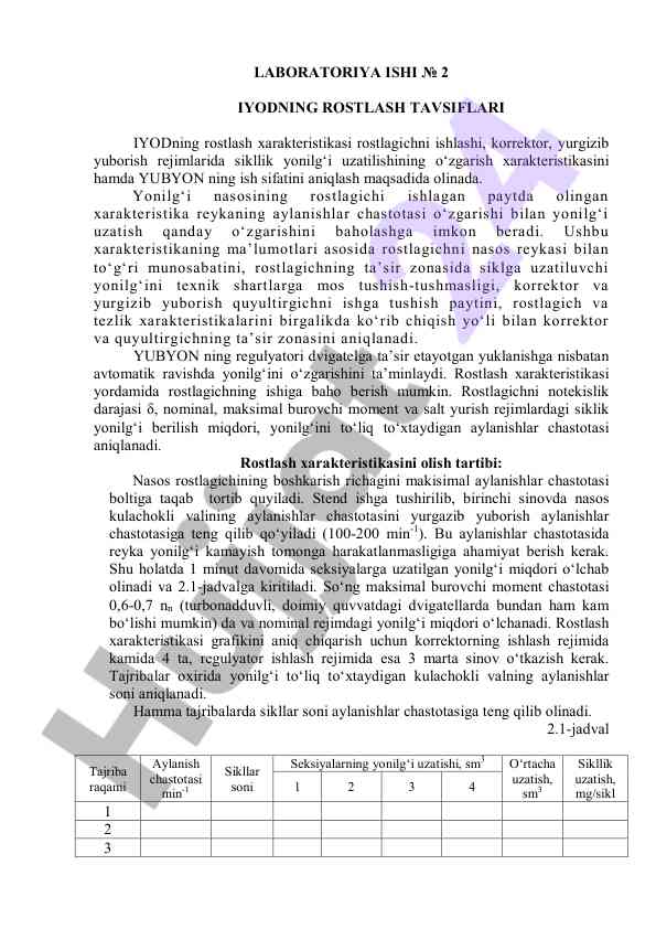 Iyodning rostlash tavsiflari laboratoriya ishida