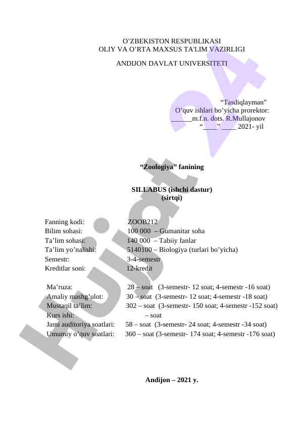 Zoologiya fanining sillabusining ishchi dasturi
