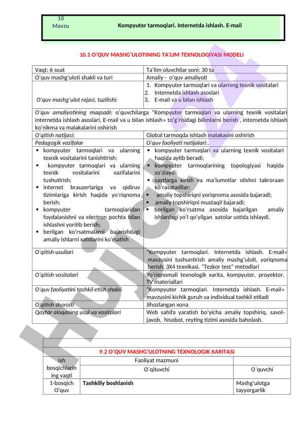 O‘quv mashg‘ulotining ta’lim texnologiyasi modeli