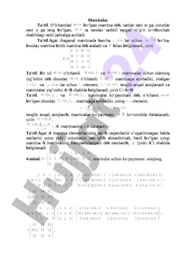 Matritsalarning ta'rifi va ko‘paytmasi