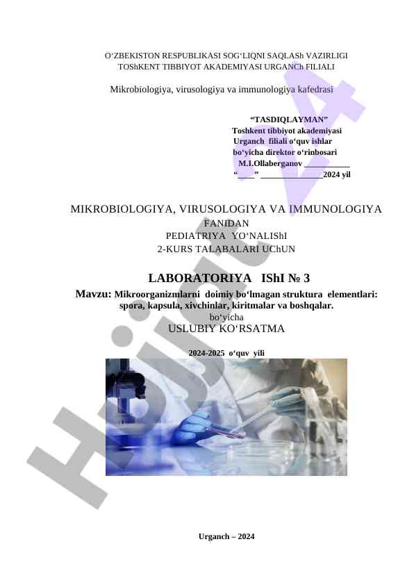 Mikrobiologiya fanidan laboratoriya ishlari bo‘yicha uslubiy ko‘rsatma