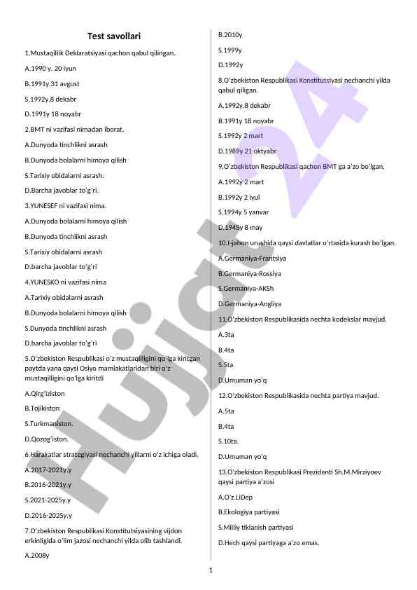 O'zbekiston mustaqillik deklaratsiyasi test savollari