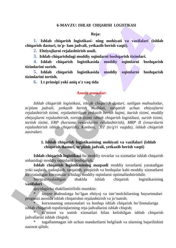Ishlab chiqarish logistikasi va uning vazifalari