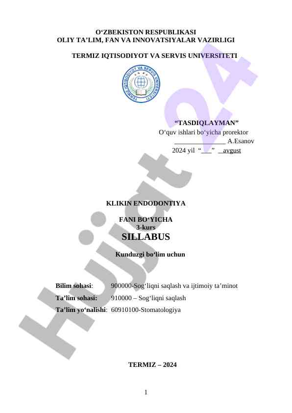 Endodontiya fani bo'yicha 3-kurs sillabus