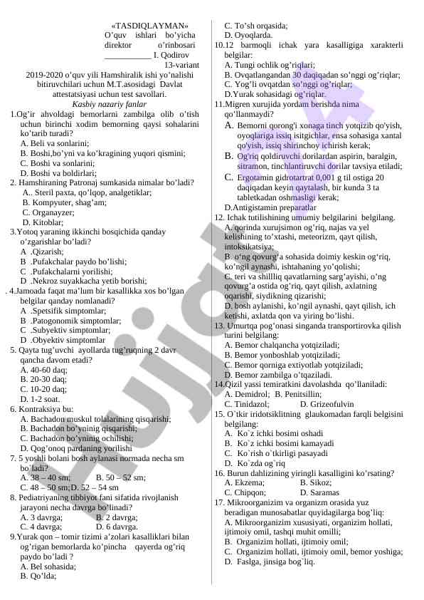 Ona suti hamshiralik ishlari test savollari