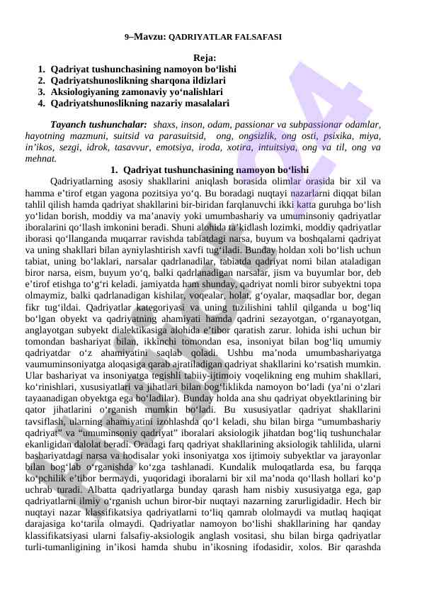 Qadriyatlar falsafasi va ularning zamonaviy asoslari