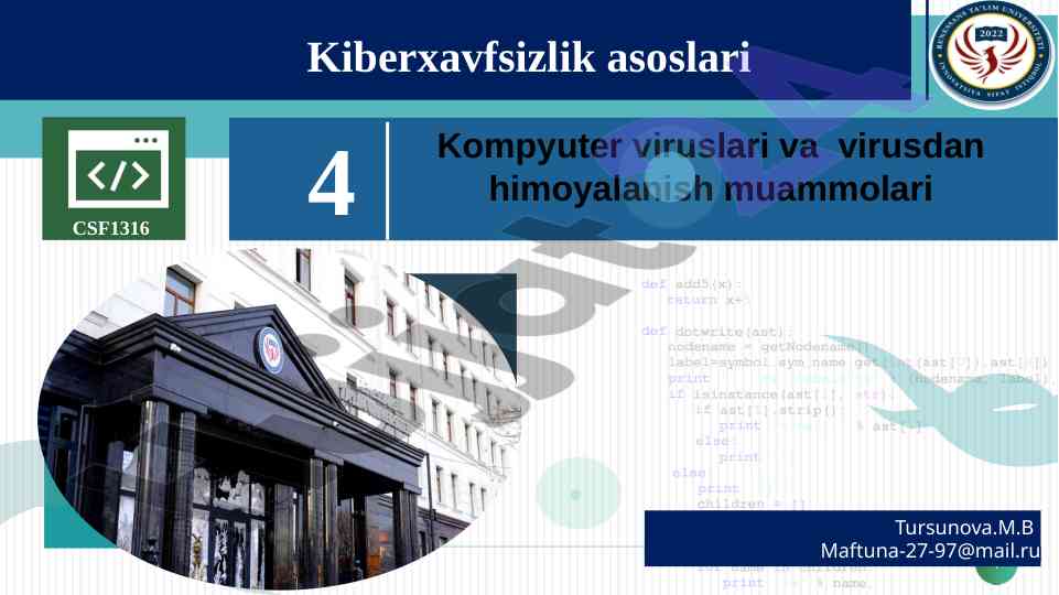 Kiberxavfsizlik asoslari va kompyuter viruslari