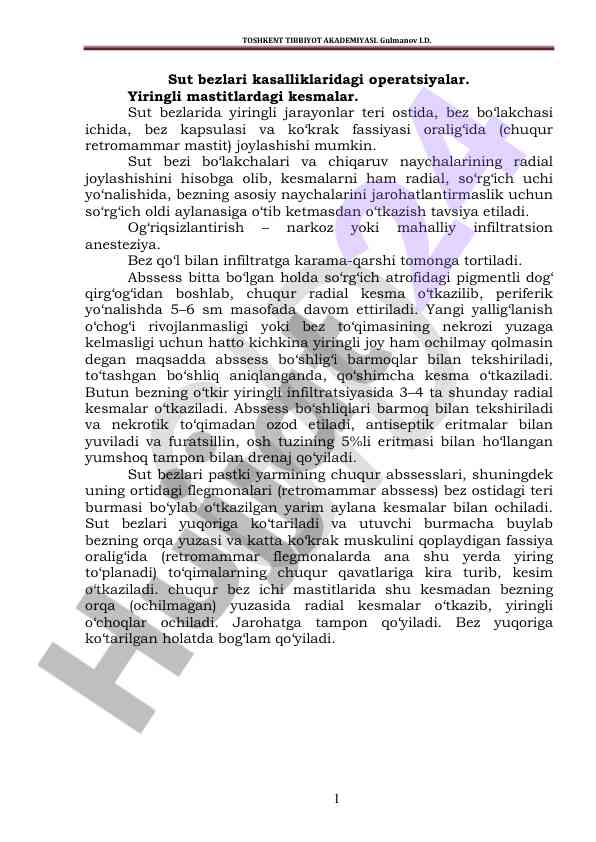 Sut bezlari kasalliklaridagi operatsiyalar tahlili