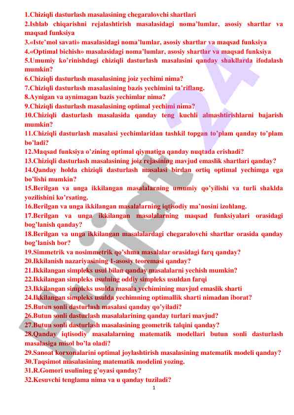 Chiziqli dasturlash masalalarining nazariy asoslari