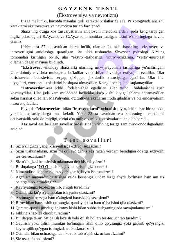 Ekstroversiya Va Neyrotizm Tushunchalari