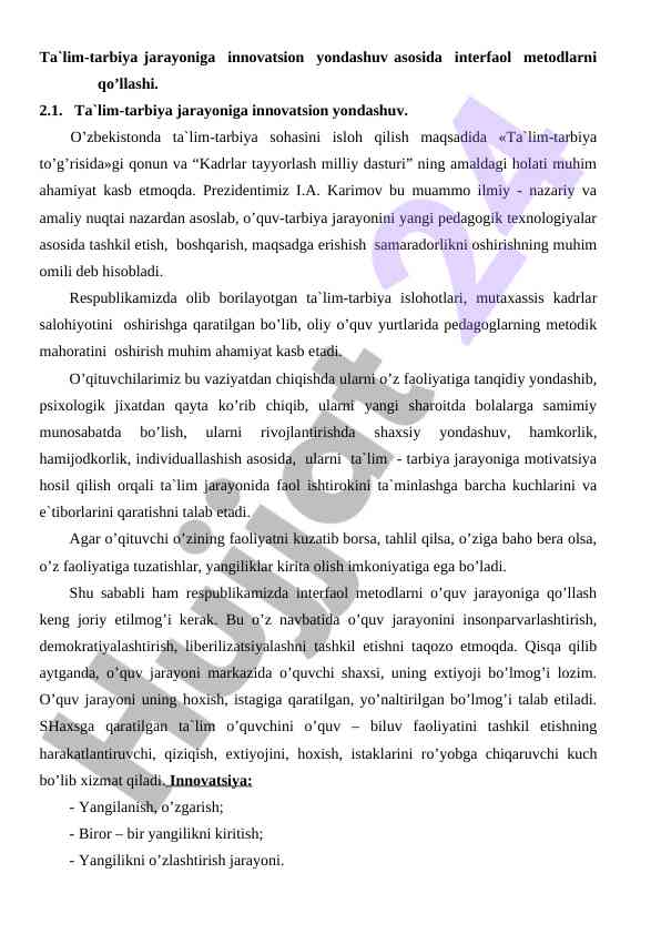 Innovatsion yondashuv asosida ta'lim-tarbiya metodlari