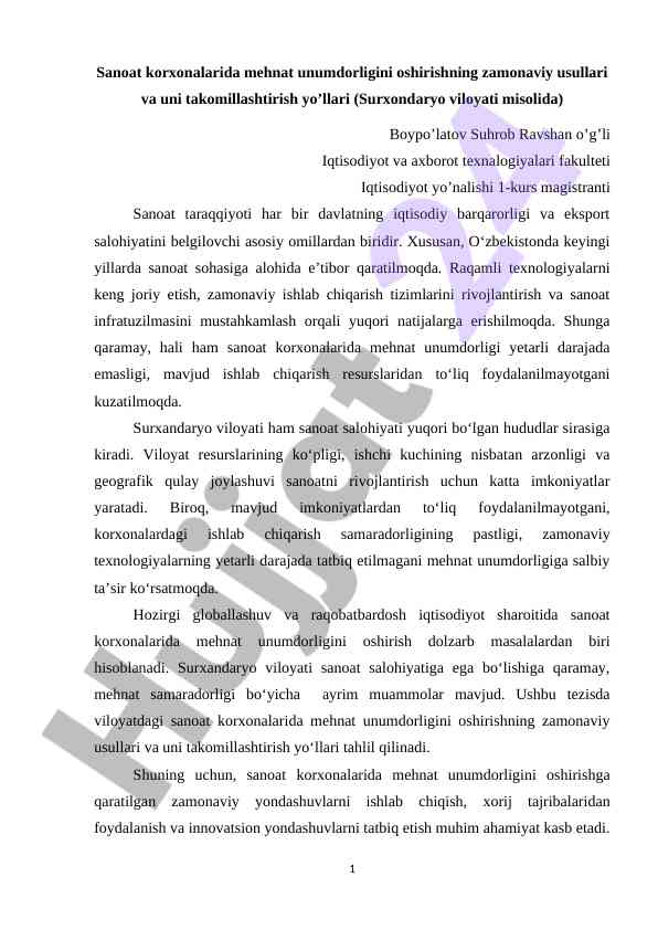 Sanoat korxonalarida mehnat unumdorligini oshirish usullari