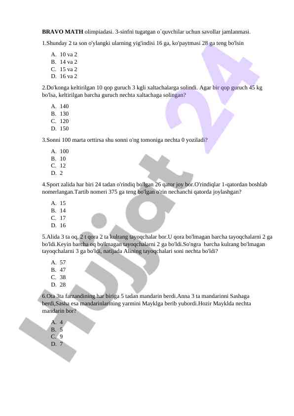 Bravo math olimpiadasi savollar jamlanmasi