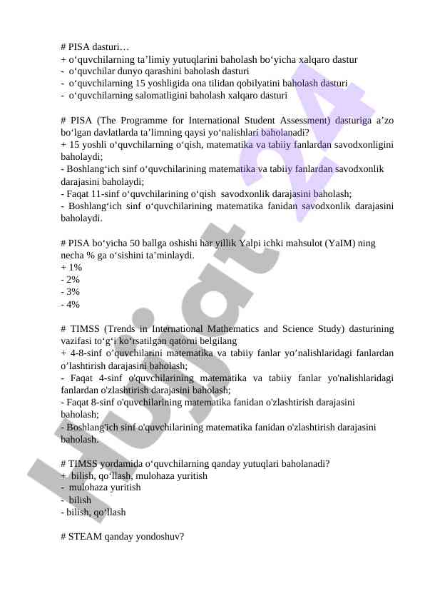 Pisa va timss dasturlaridagi o‘quvchilarning savodxonligi