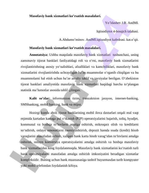 Masofaviy bank xizmatlari ko'rsatish masalalari