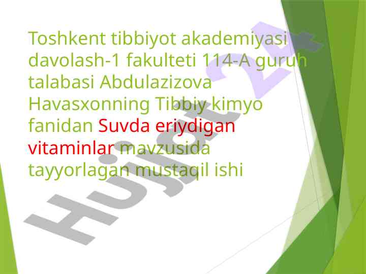 Suvda eriyadigan vitaminlar tibbiy kimyo mavzusi