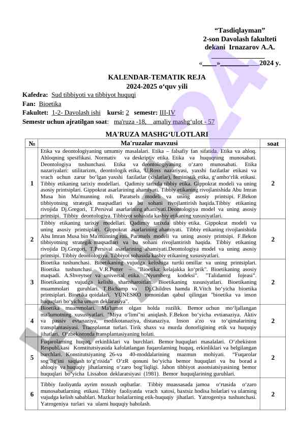 Bioetika fanidan kalendar tematik reja 2024-2025 yili