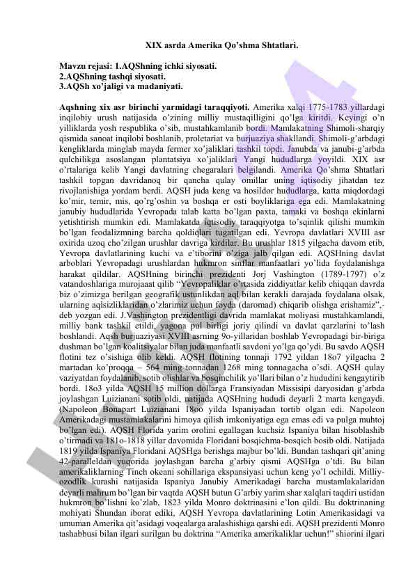 Xix asrda amerika qo'shma shtatlari taraqqiyoti