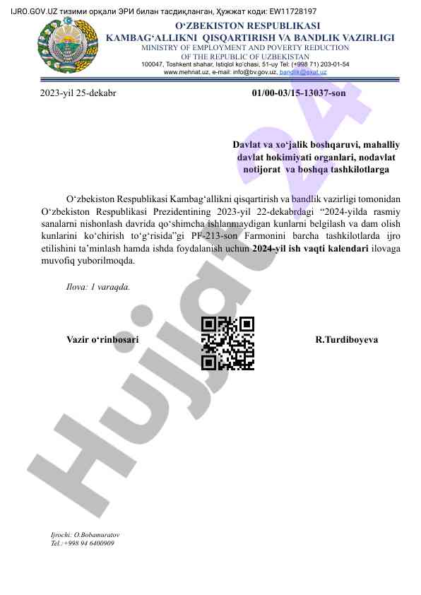 2024 yil ish vaxti kalendari haqida farmon