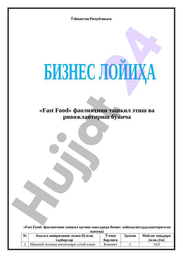 Fast food фаолияти ташкил этиш лойиҳаси