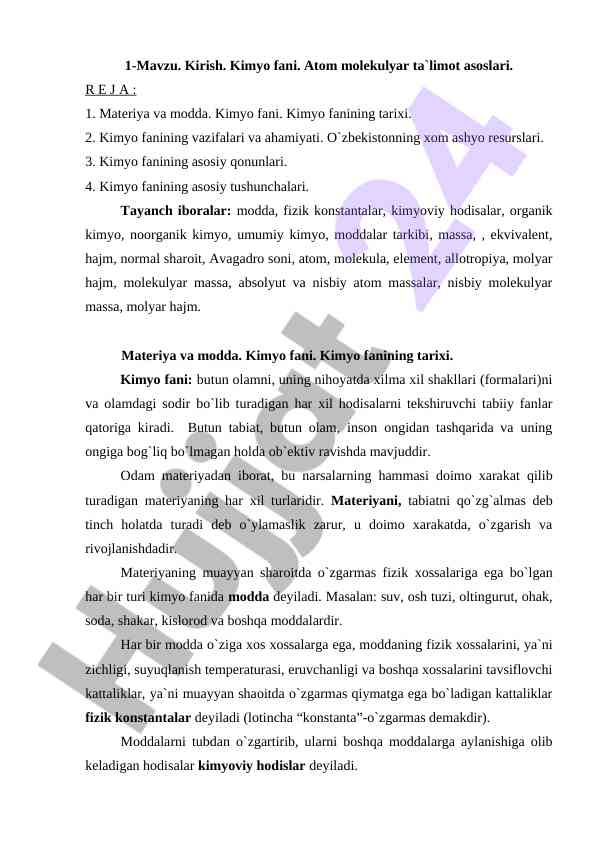 Kimyo fani asoslari va tarixi