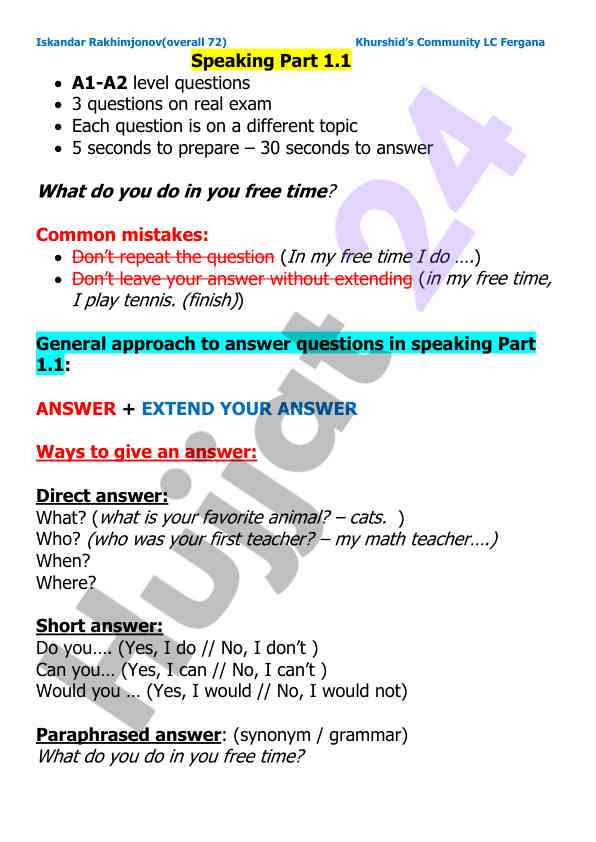 Speaking part 1.1 guide for a1-a2 level