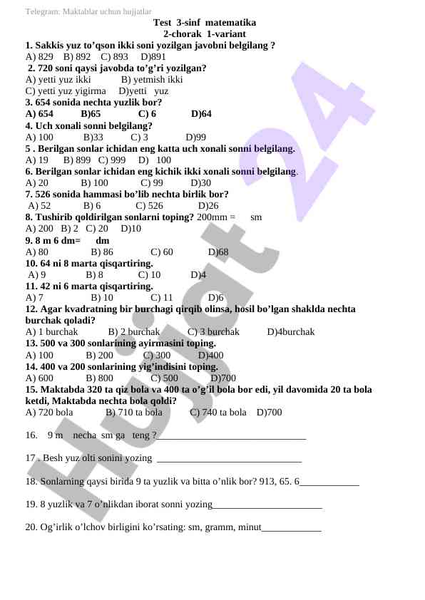 3-sinf matematikasi 2-chorak testi 1-variant
