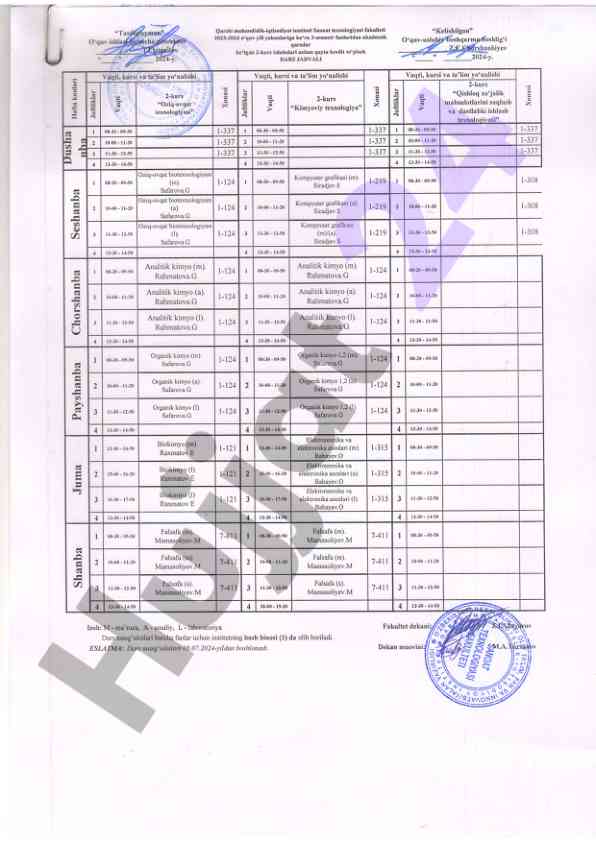 Oziq-ovqat biotexnologiyasi dars jadvali 2023-2024