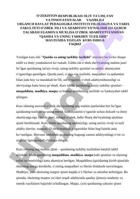 Qasida va uning tarkibiy tuzilishi tahlili