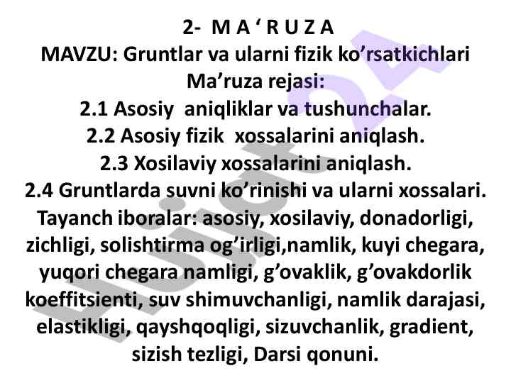 Gruntlar va ularni fizik ko’rsatkichlari tafsilotlari