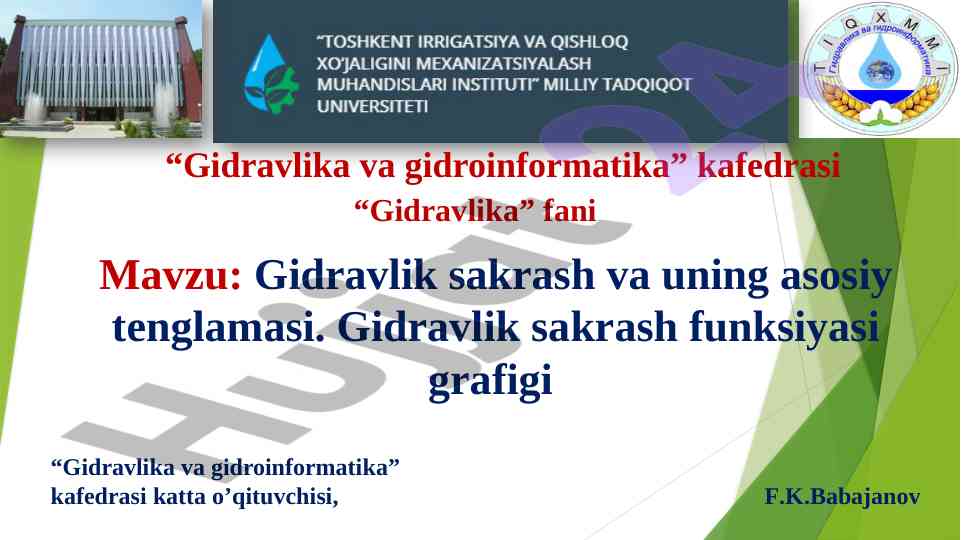 Gidravlik sakrash va uning asosiy tenglamasi