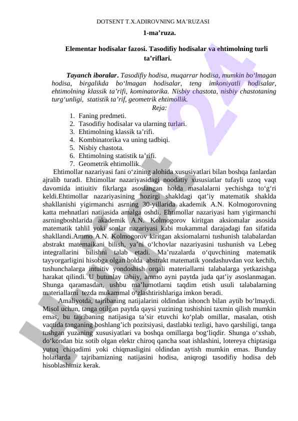 Ehtimollar nazariyasi va uning elementar hodisalari