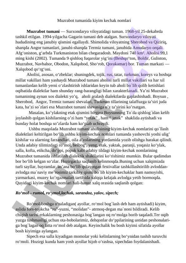 Muzrabot tumani geografik ma'lumotlari va aholisi