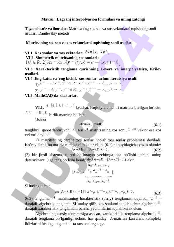 Lagranj interpolatsiya formulasi va xatoligi