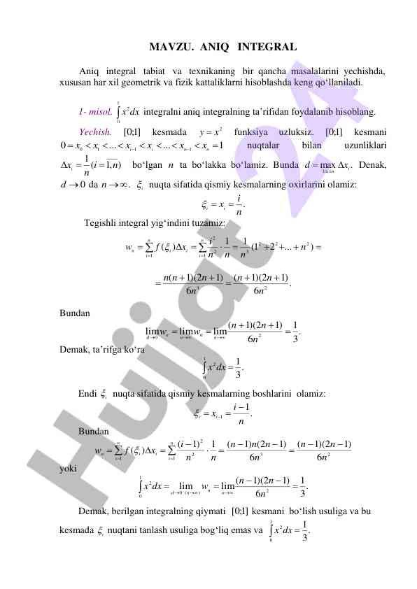 Aniq integral hisoblash masalalari