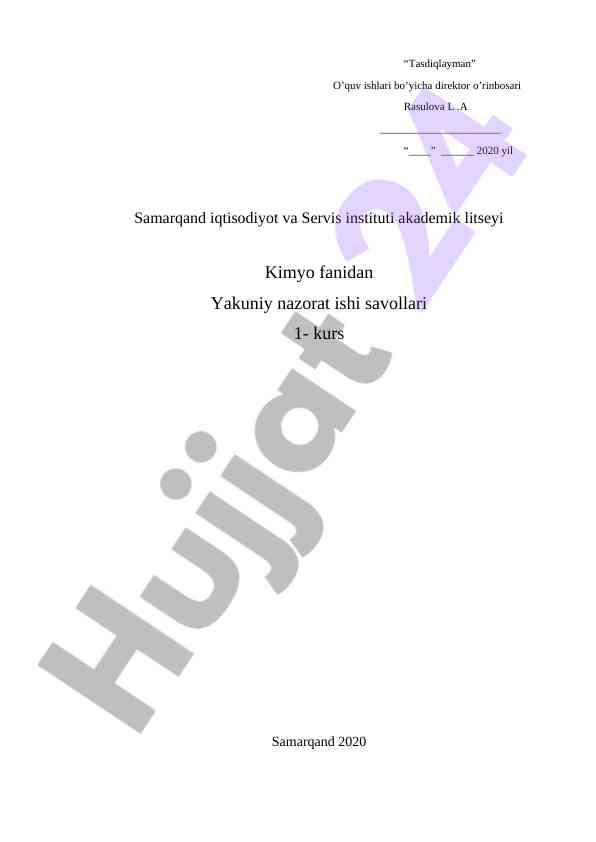 Kimyo fanidan yakuniy nazorat ishining savollari