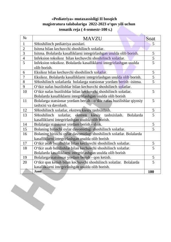 Shoshilinch pediatriya asoslari tematik reja