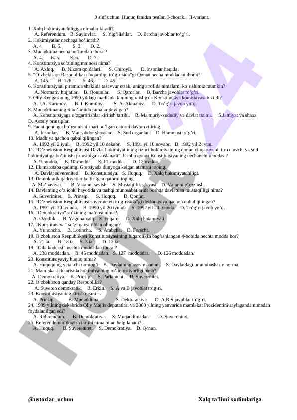 Huquq fanidan 9 sinf testlari i-chorak ii-variant