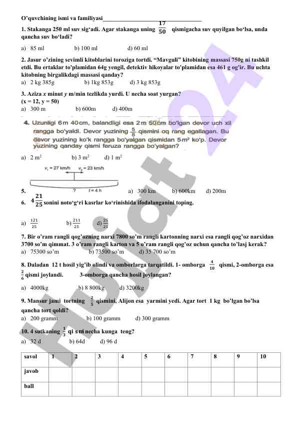 Matematik hisoblar bilan test topshiriqlari