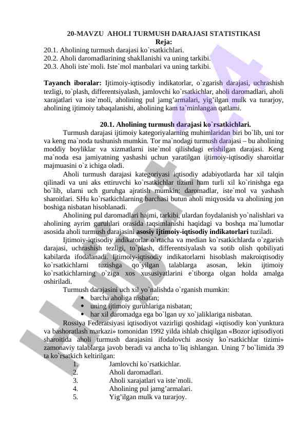 Aholi turmush darajasi statistikasi tahlili