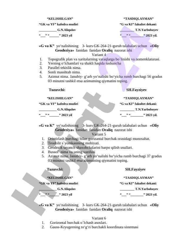 Oliy geodeziya fanidan oraliq nazorat ishlari