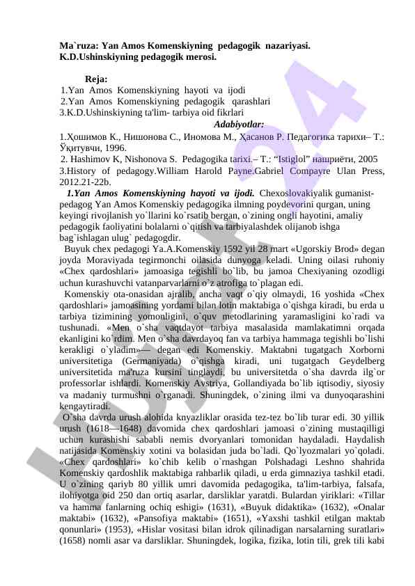Yan amos komenskiyning pedagogik nazariyasi