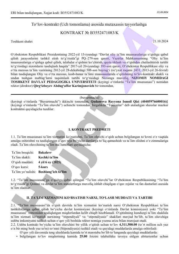 Uch tomonlama to‘lov-kontrakt asosida mutaxassis tayyorlash