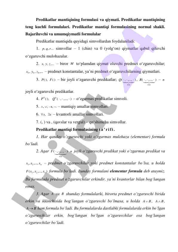 Predikatlar mantiqining formulasi va qiymati