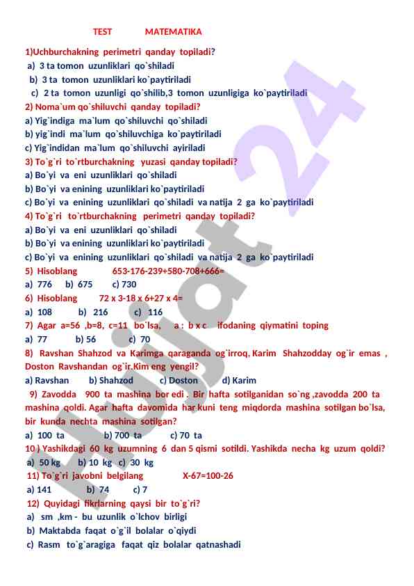 Matematika testlari va misollar